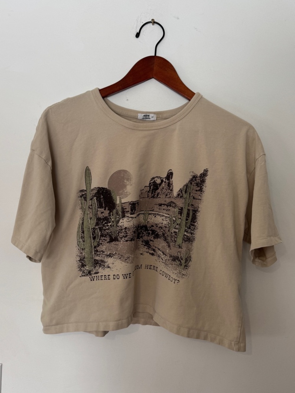 Ardene Beige Cropped Desert Graphic Tee | Western Aesthetic | Size S